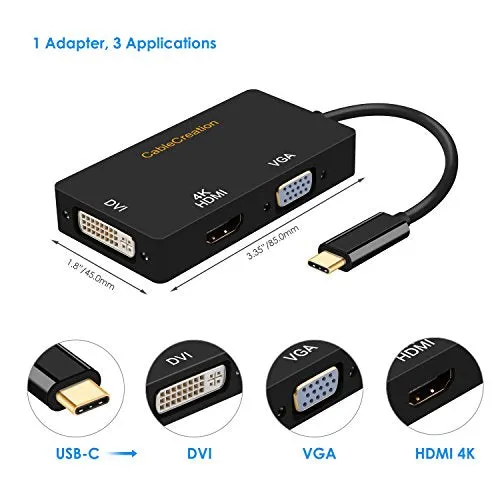 CableCreation 3 in 1 USB-C naar HDMI VGA DVI adapter 4K