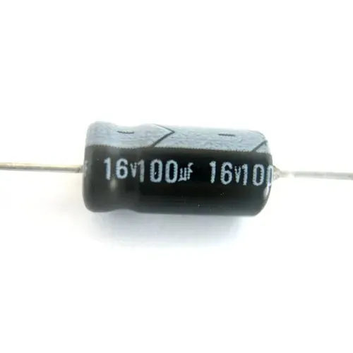 T.E.G. Elco Axiaal 100uF 16V condensator liggend